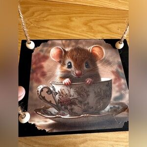 Hand crafted hanging floating shelf with mouse in teacup rustic rope wall shelf